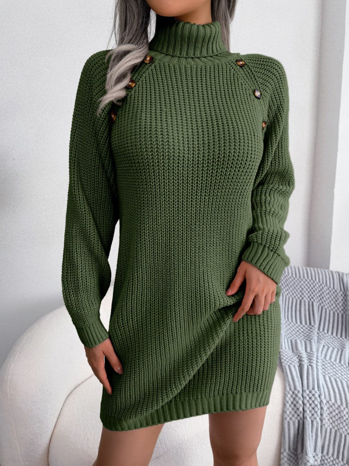 Decorative Button Turtleneck Sweater Dress.