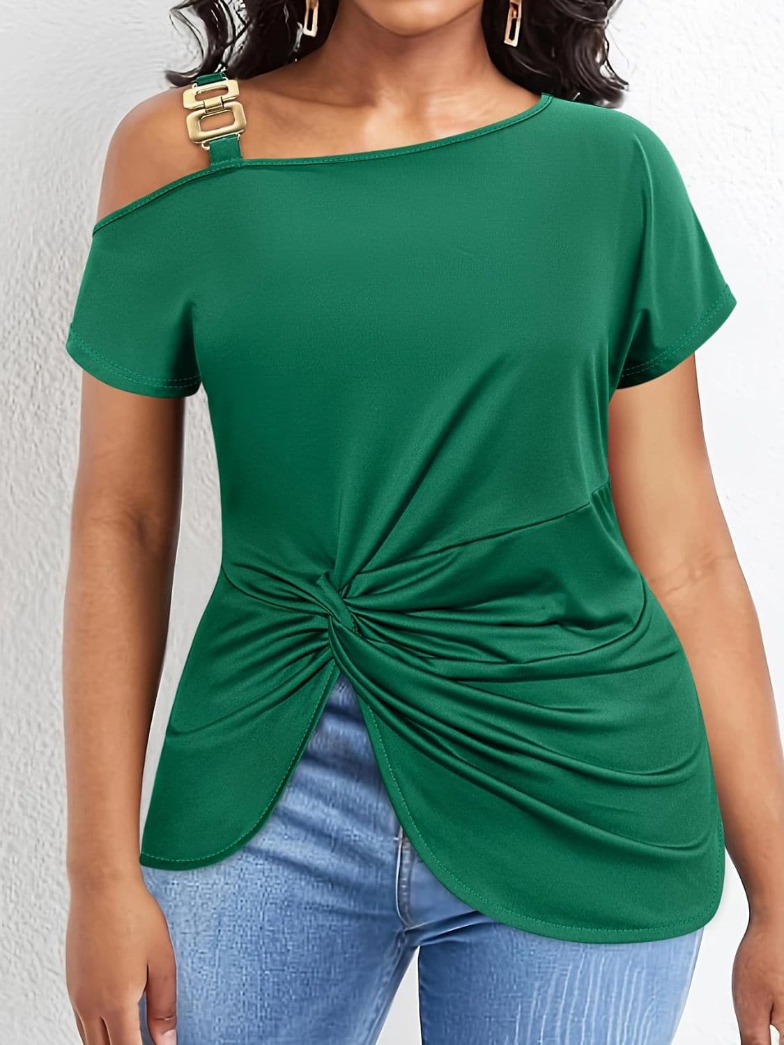 Plus Size Twisted Asymmetrical Neck Short Sleeve T-Shirt.