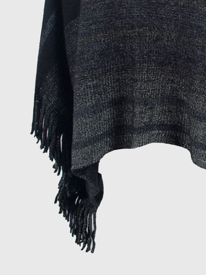 Striped Boat Neck Poncho with Fringes.