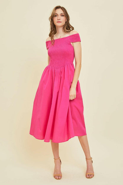 HEYSON Off-Shoulder Smocked Midi DressElevate Your Summer Wardrobe
 Discover effortless style with the HEYSON Off-Shoulder Smocked Midi Dress, the perfect addition to your summer fashion collection. WhetLove Salve -Shoulder Smocked Midi Dressusa