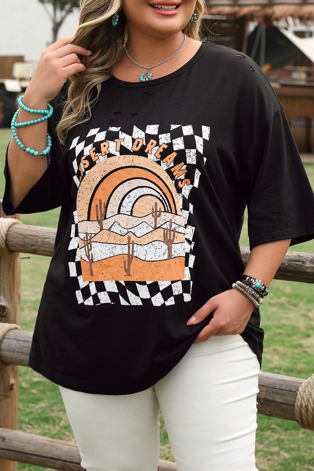 Black Checkered DESERT DREAMS Plus Size Ripped Tee