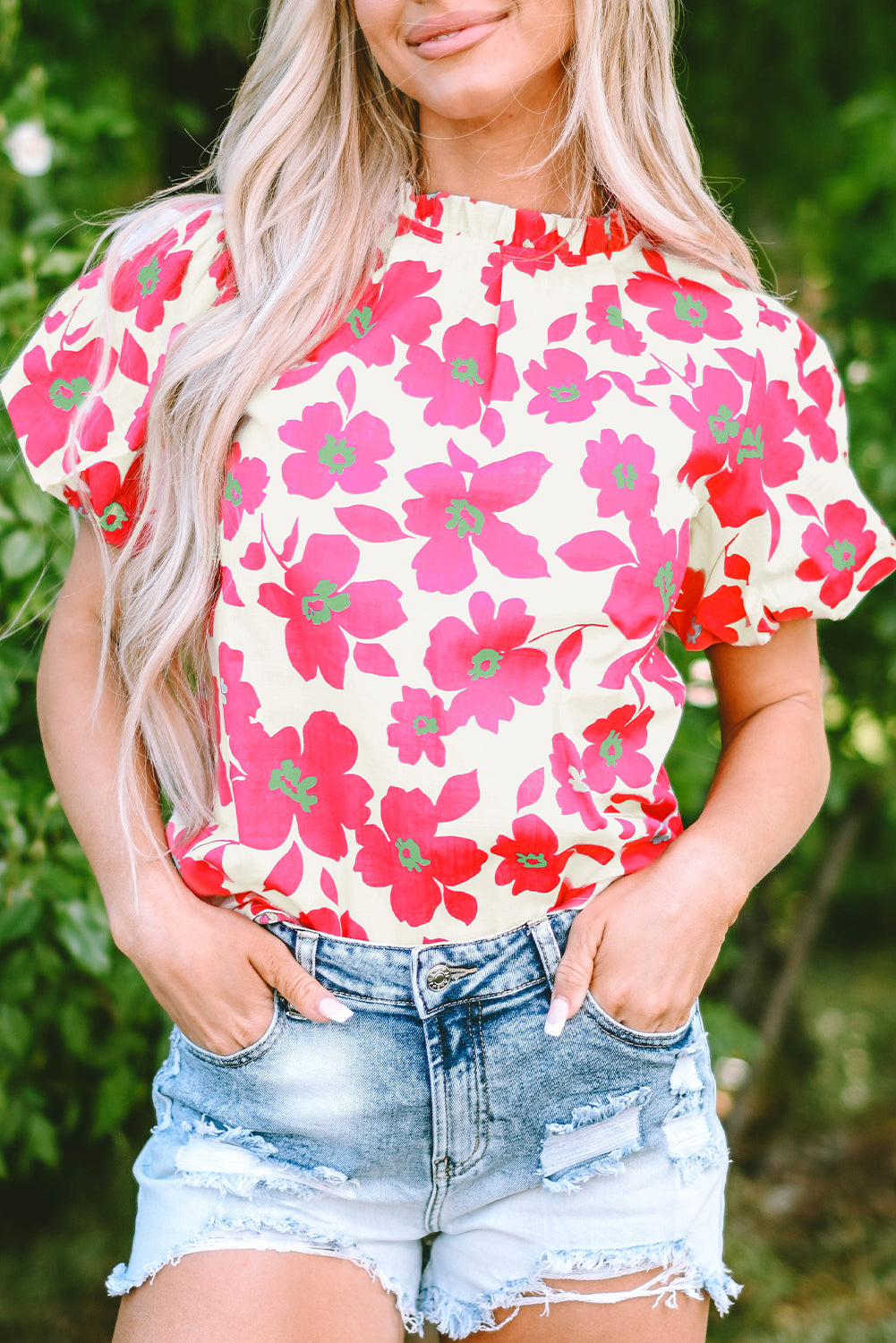 Beige floral puff sleeve blouse