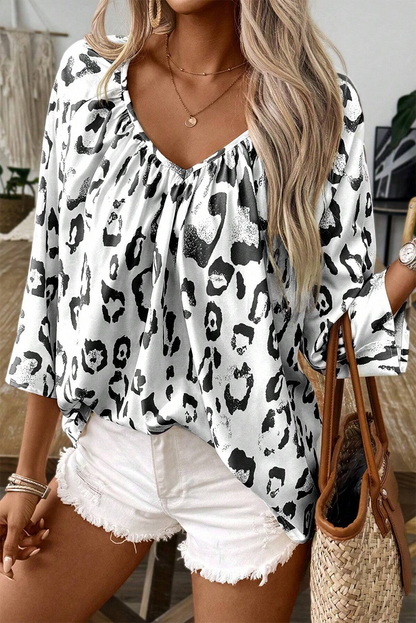 Fierce and Flirty Black Leopard Print Blouse with Ruched V-Neck