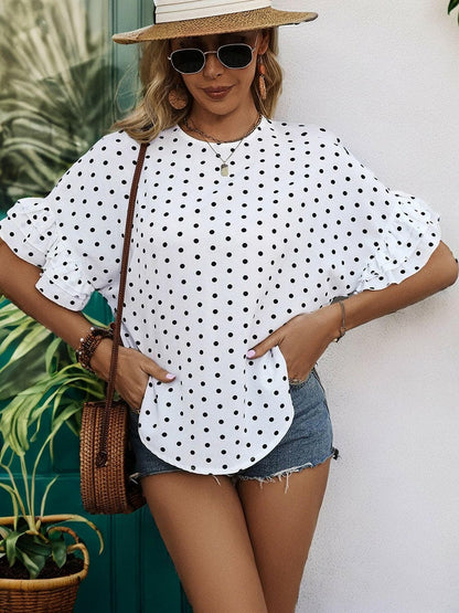 Slit Polka Dot Round Neck Half Sleeve Blouse.