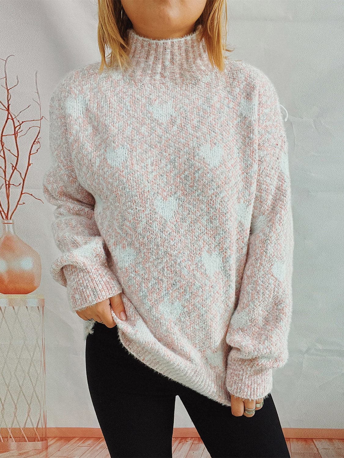 Heart Heathered Turtleneck Drop Shoulder Sweater.