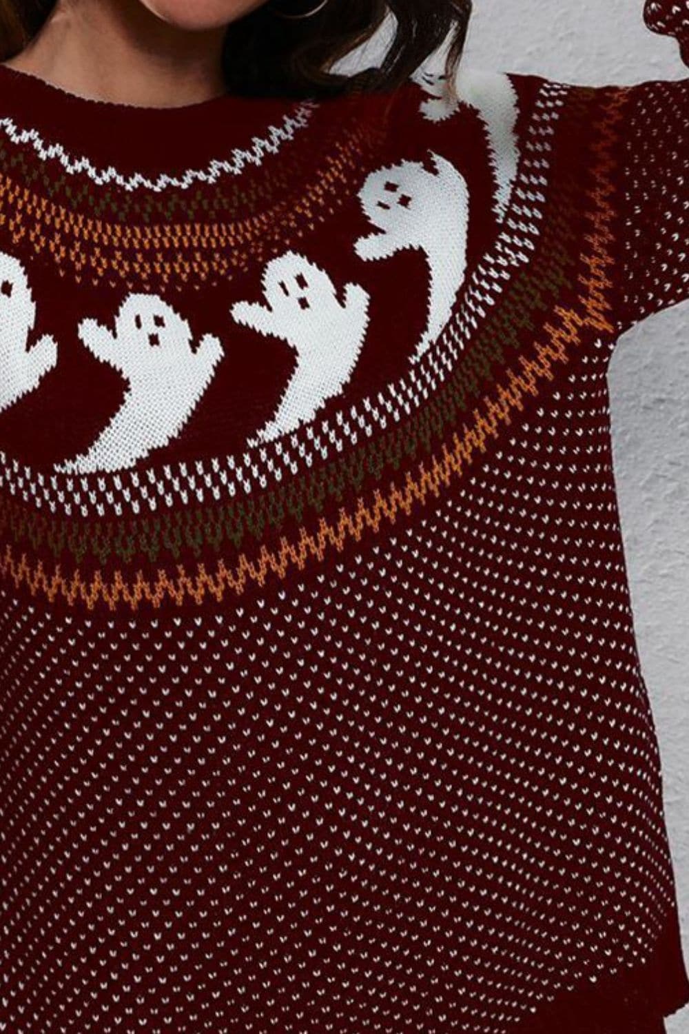 Chic ghost print long sleeve sweater with round neck