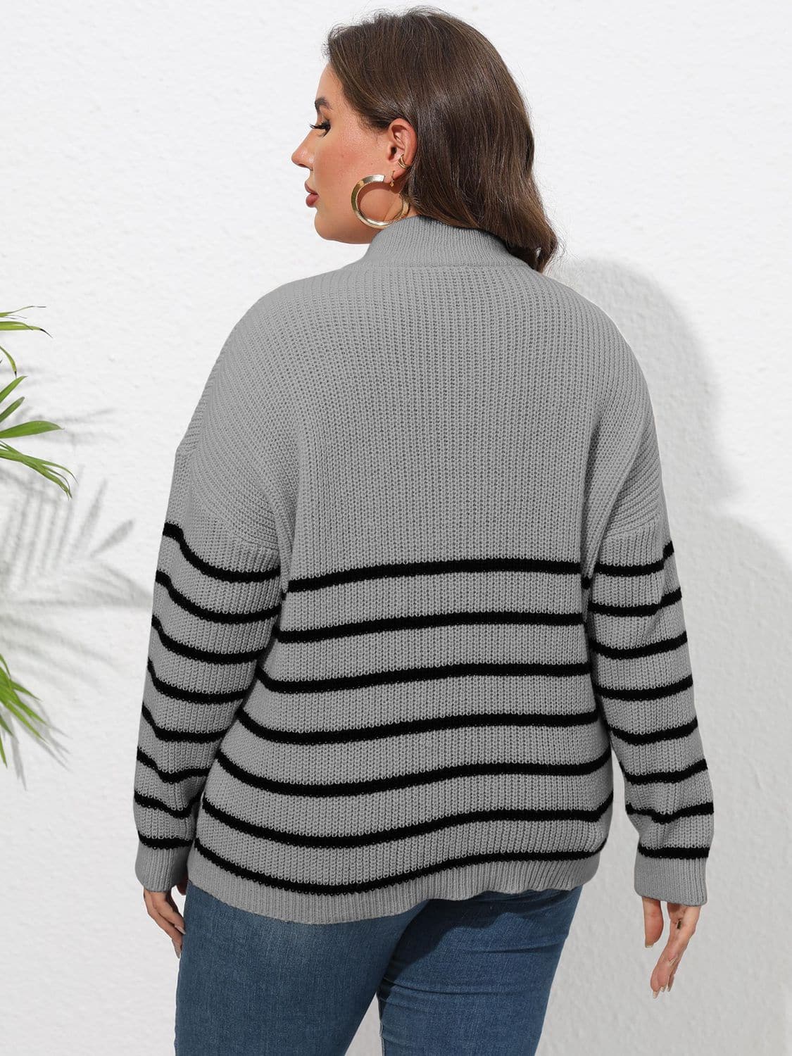 Plus Size Zip-Up Striped Sweater.