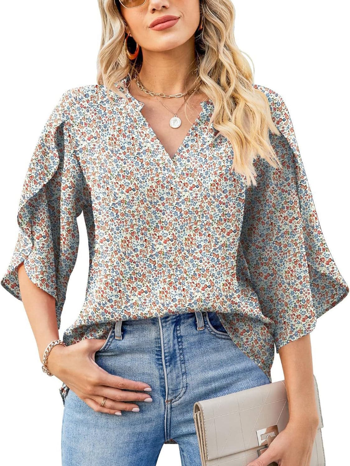 Printed Notched Half Sleeve Blouse.