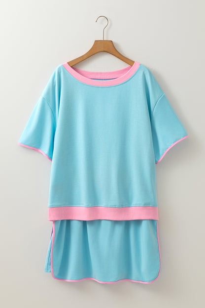 Turquoise Plus Size Contrast Trim Tee Skirt Two Piece Set