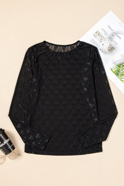 Black Mesh Bow Pattern Long Sleeve Top for Women