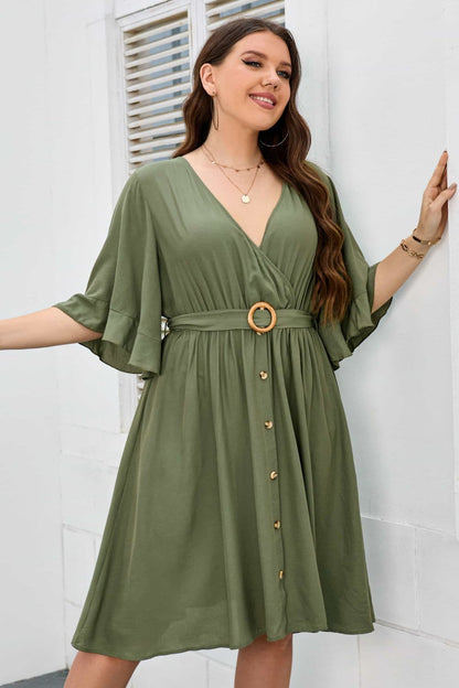 Plus Size Surplice Neck Half Sleeve Dress.