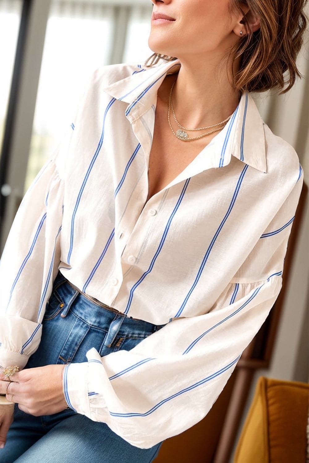 Striped Collared Neck Long Sleeve Shirt.