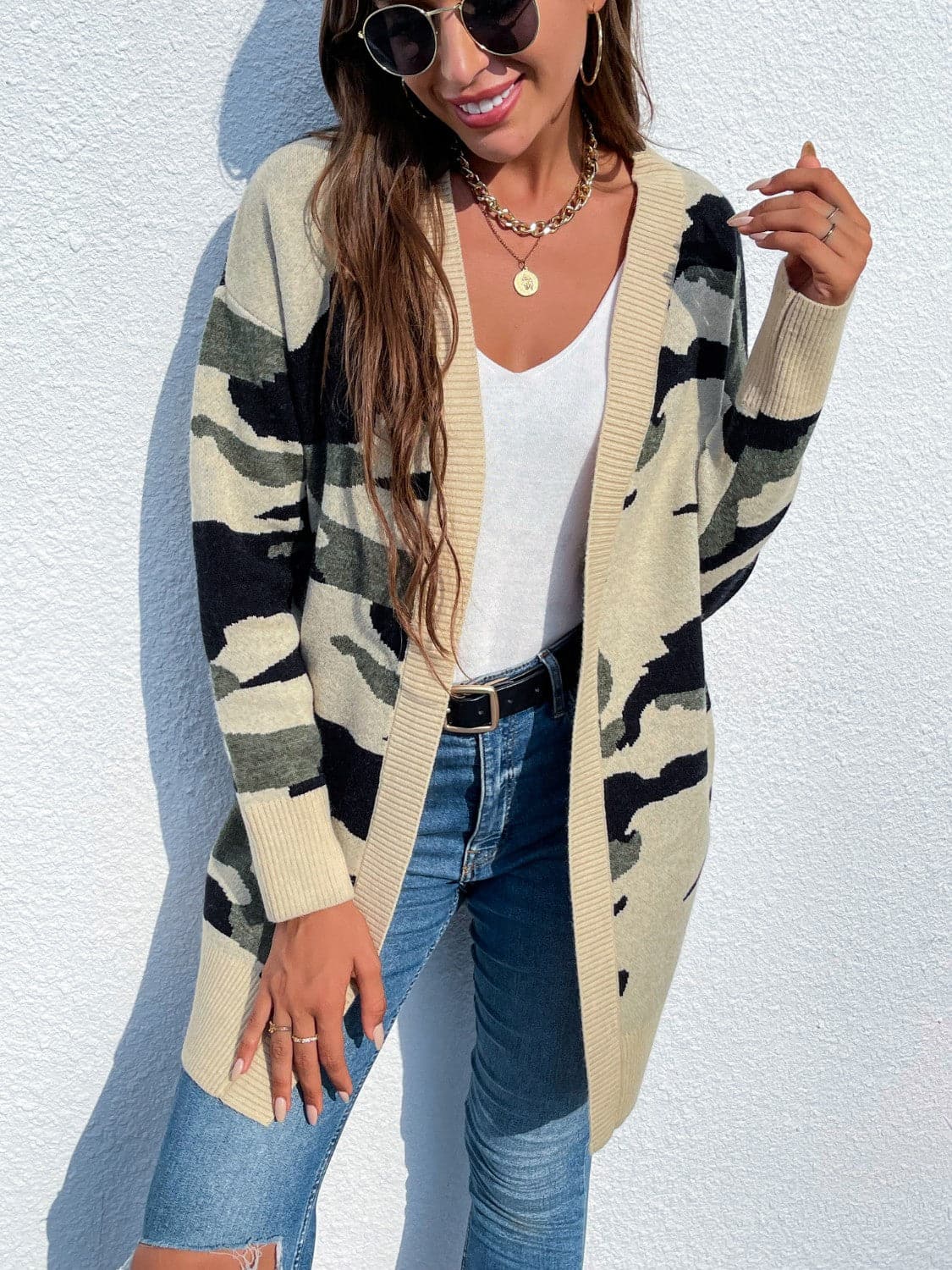 Camouflaged Dropped Shoulder Open Front Cardigan.