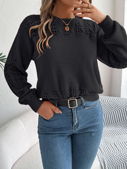 Openwork Round Neck Long Sleeve Sweater