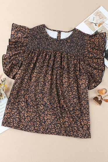 Plus Size Printed Smocked Butterfly Sleeve Blouse.