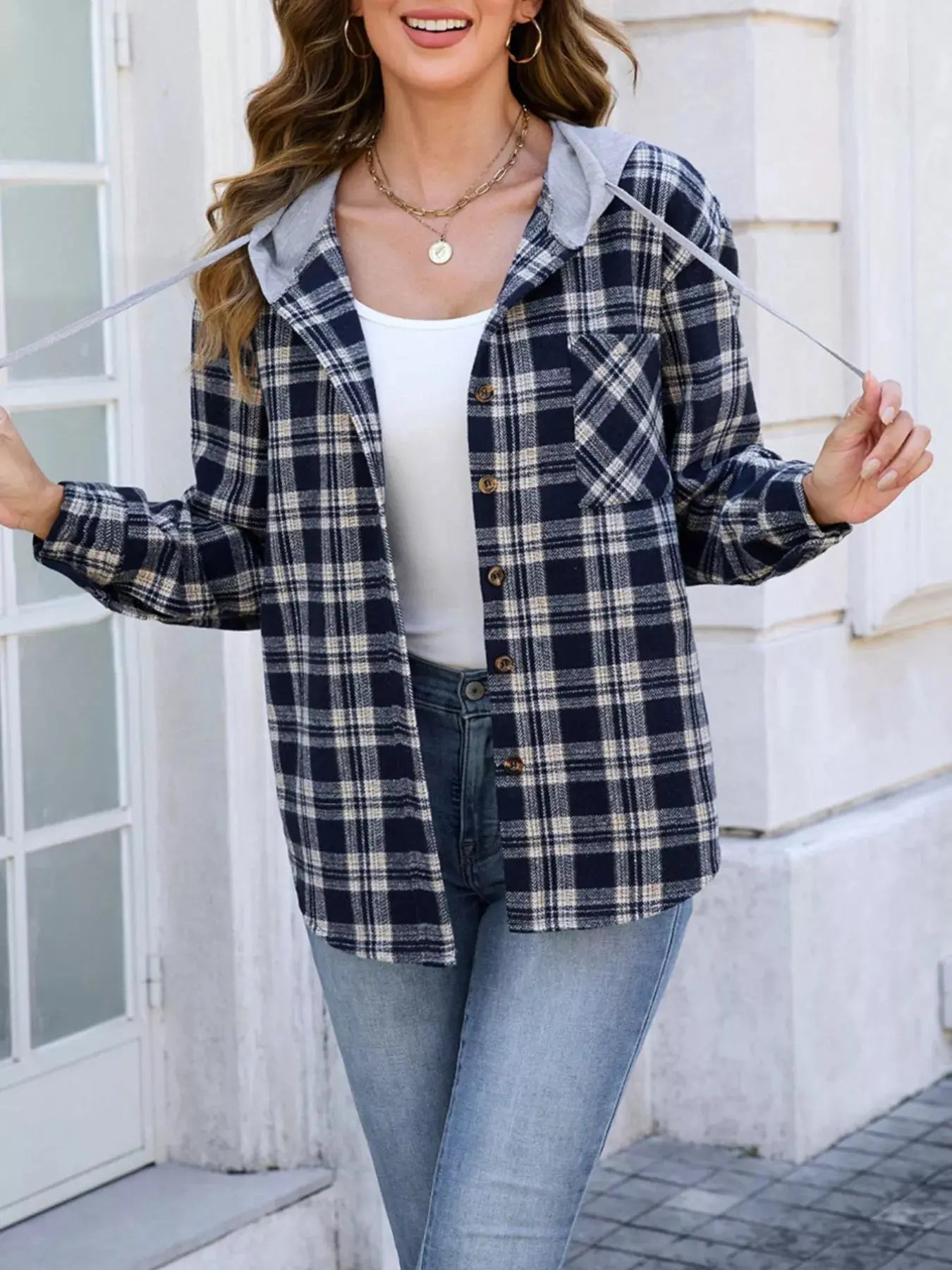 Navy Plaid Hooded Shacket Button Up With Pockets Casual Simply Love