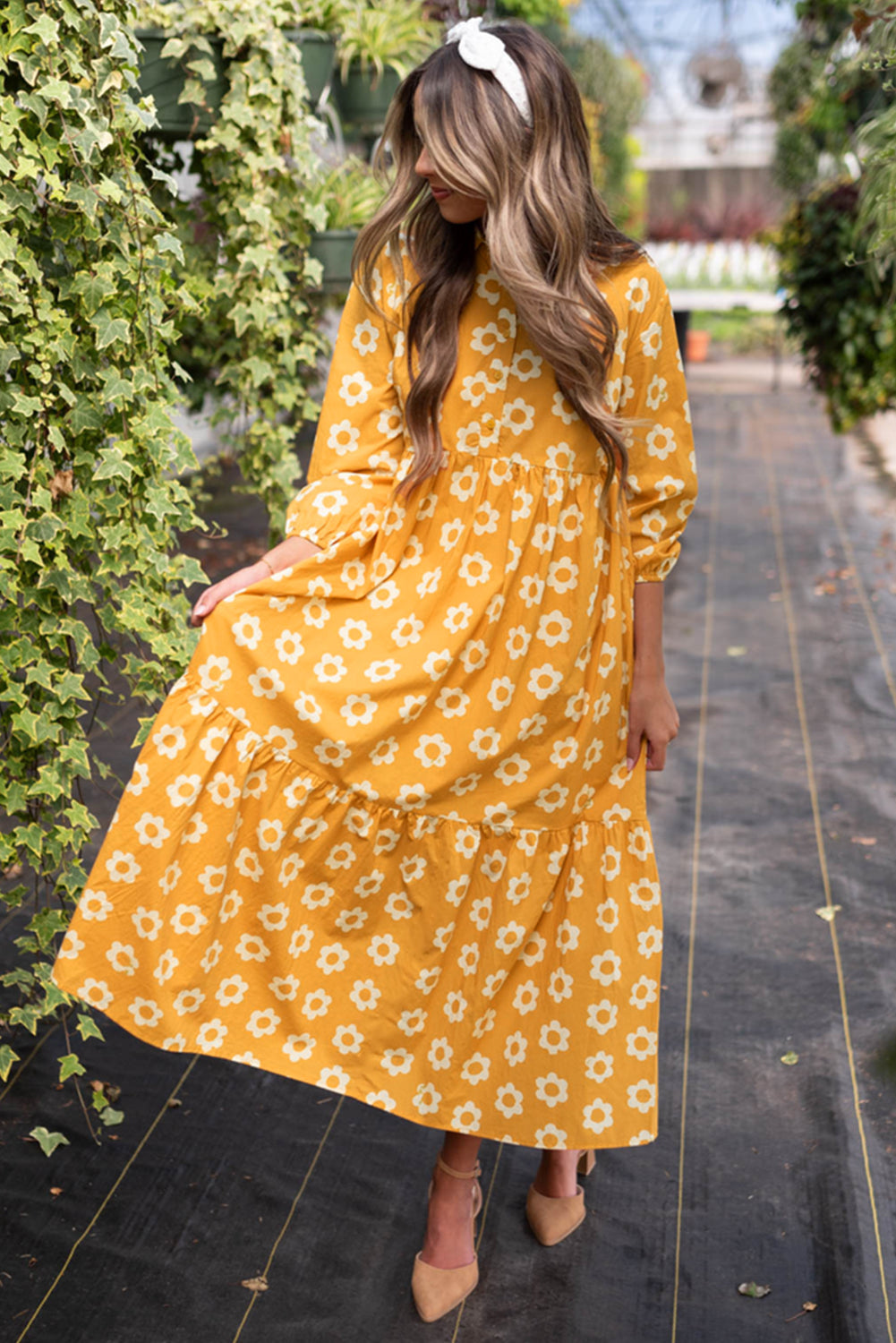 Charming floral collared maxi dress with button detail and bracelet sleeves