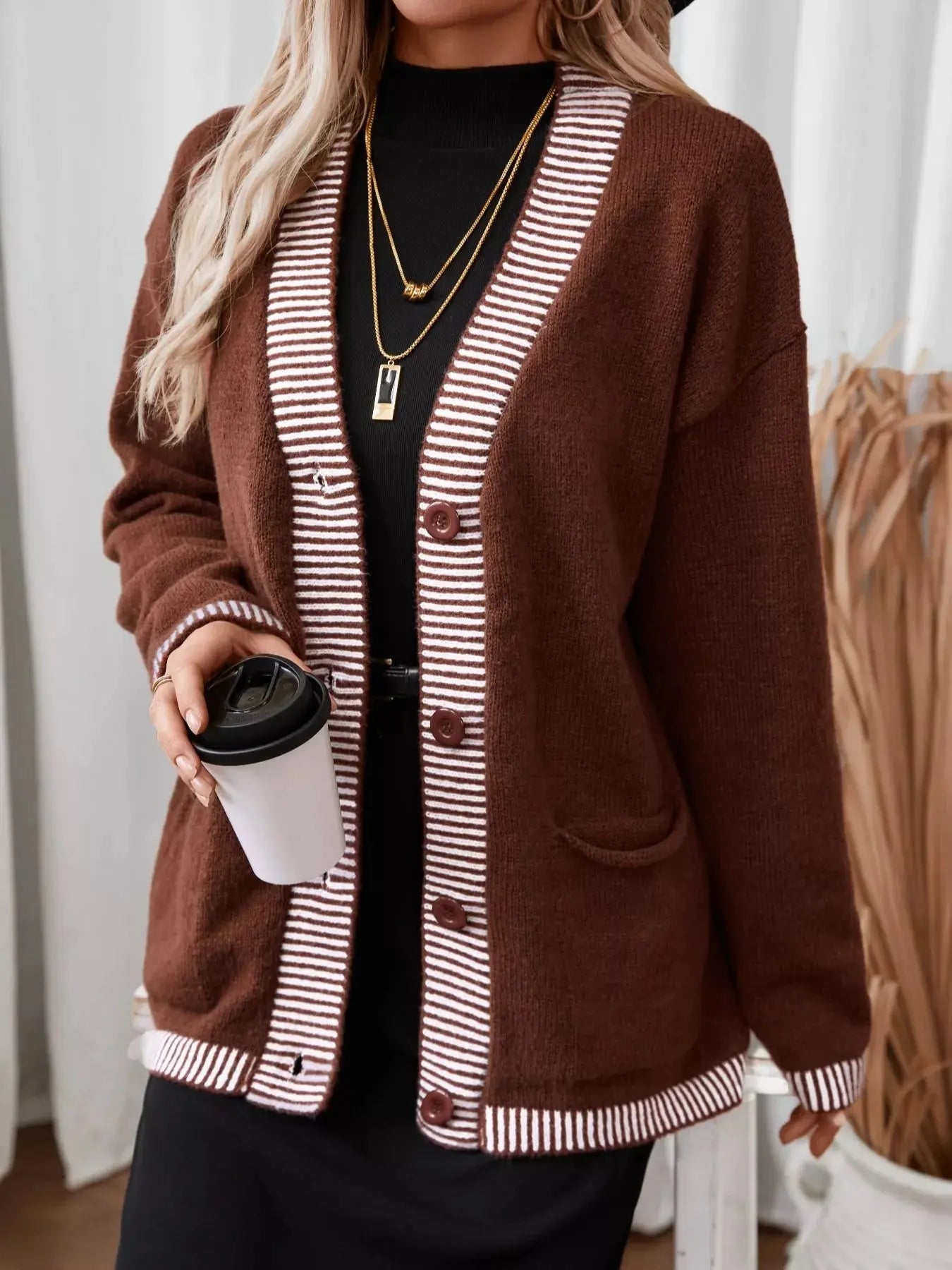 Striped Trim Button Front Pocket Knit Cardigan Simply Love