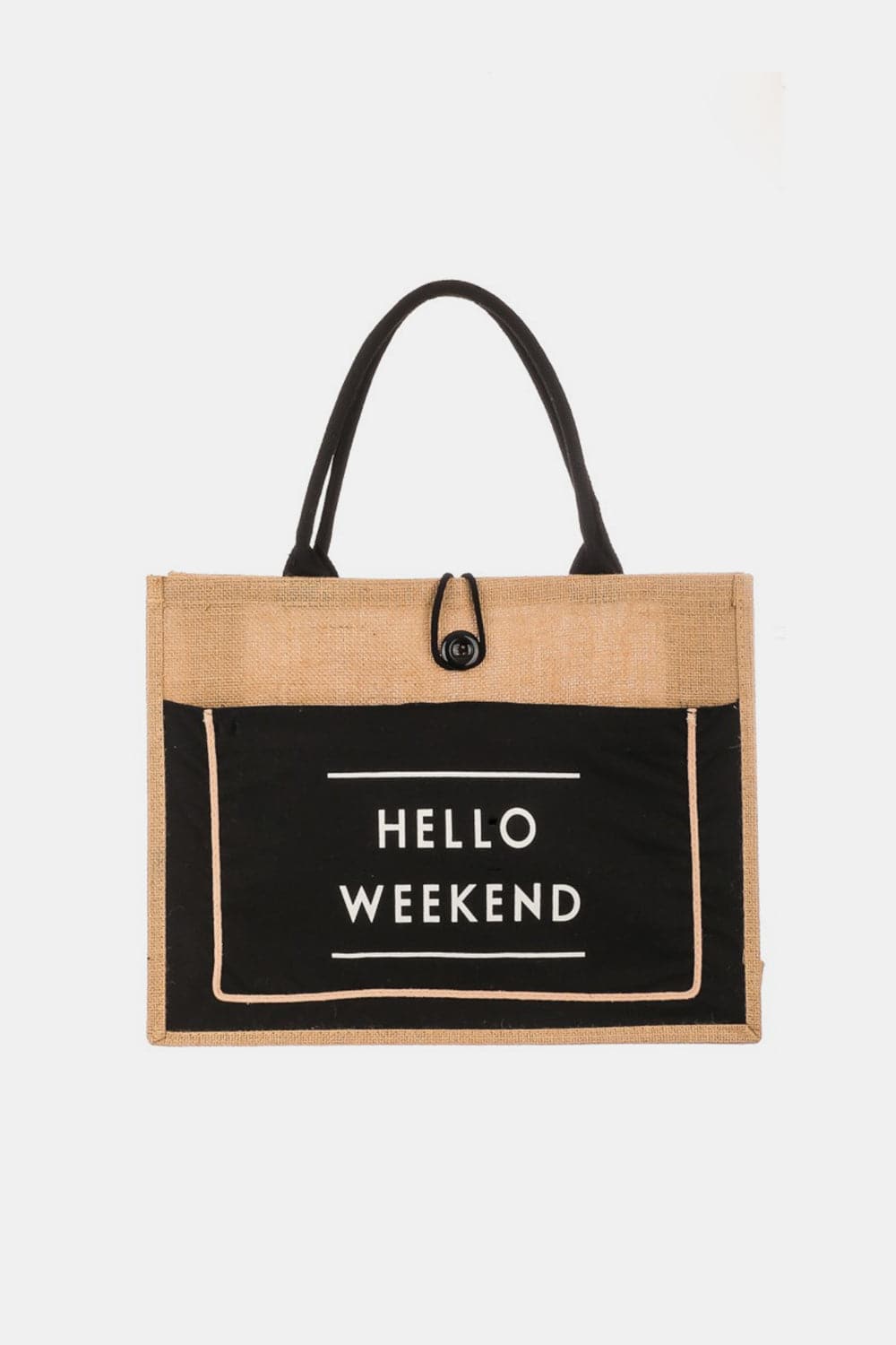 Fame Hello Weekend Burlap Tote Bag.