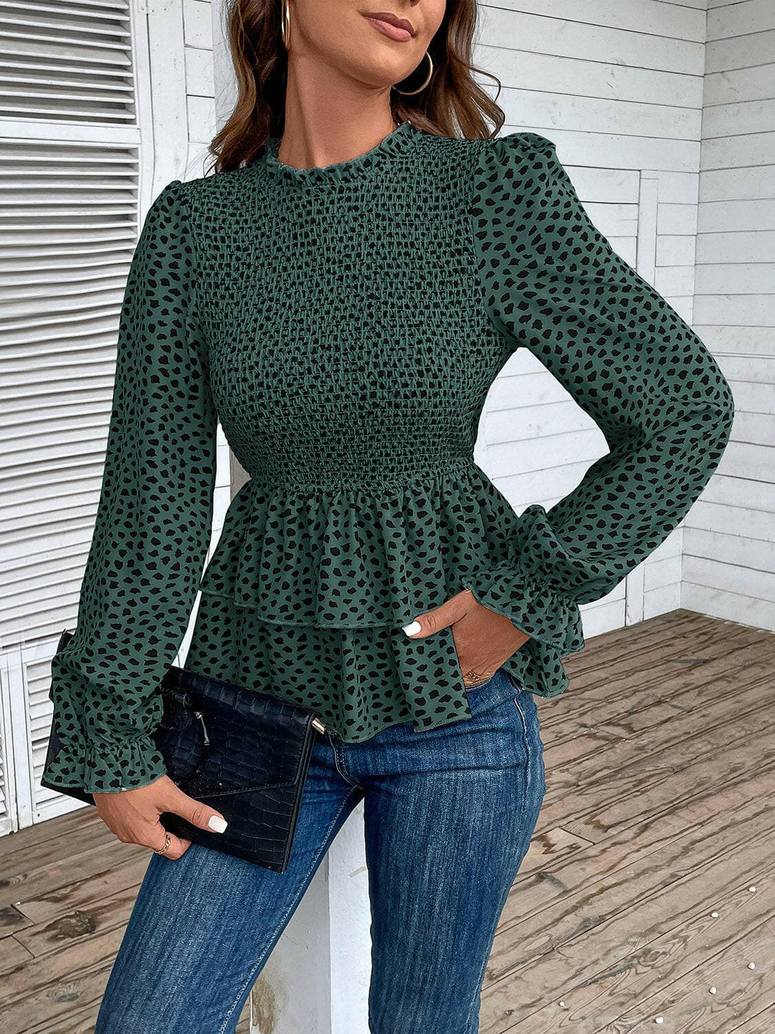 Printed Round Neck Smocked Flounce Sleeve T-Shirt.