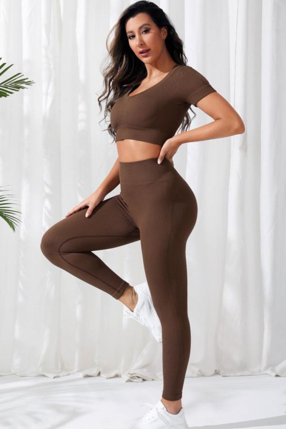 “Choco Flex” V-Neck Crop & High Waist Legging Set – 2PC Activewear