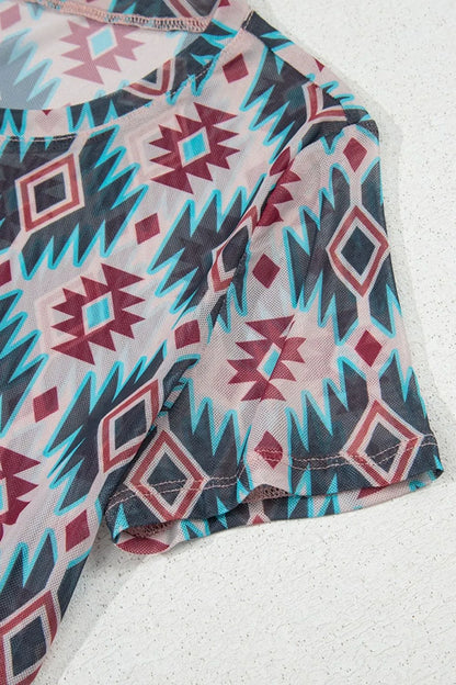 Western Aztec Print Mesh Slim T Shirt
