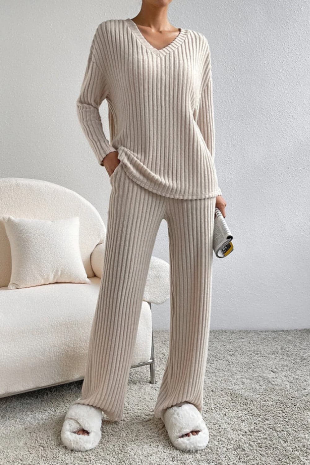 Ribbed V-Neck Top and Pants Set.