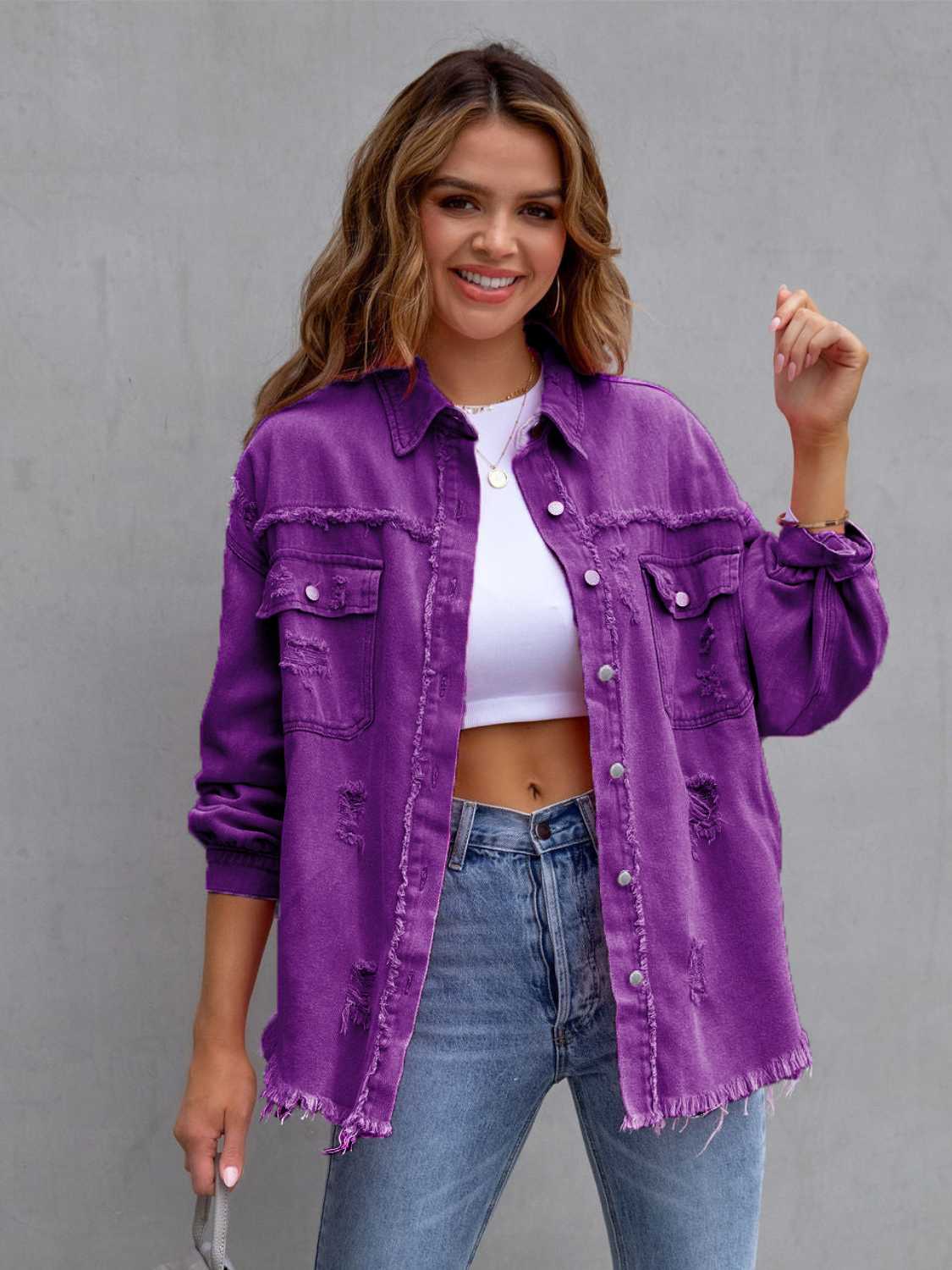 Distressed Drop Shoulder Denim Jacket Coco’s Tee Boutique