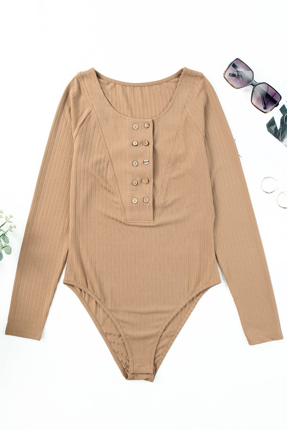 Ribbed Buttoned Long Sleeve Bodysuit.