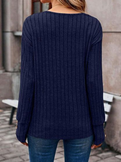 Ribbed V-Neck Long Sleeve T-Shirt.