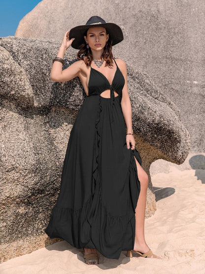 Crisscross Back Drawstring Ruffle Trim Maxi Dress.