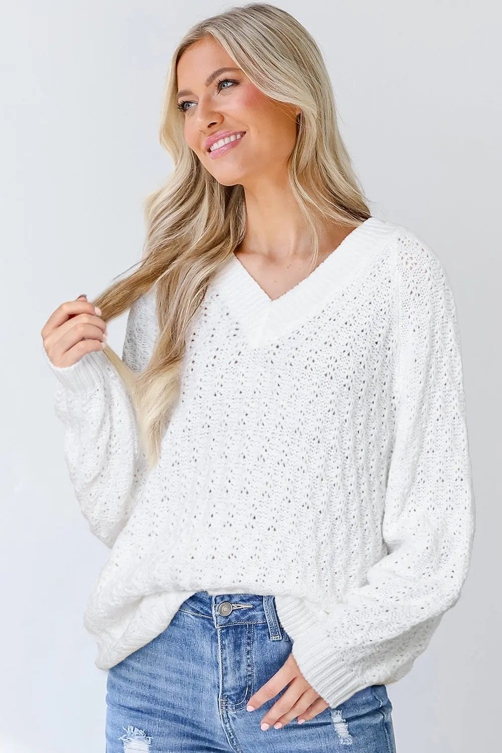 Premium White Textured Knit Ribbed Edge V Neck Loose Sweater Dear-Lover Dropshipping