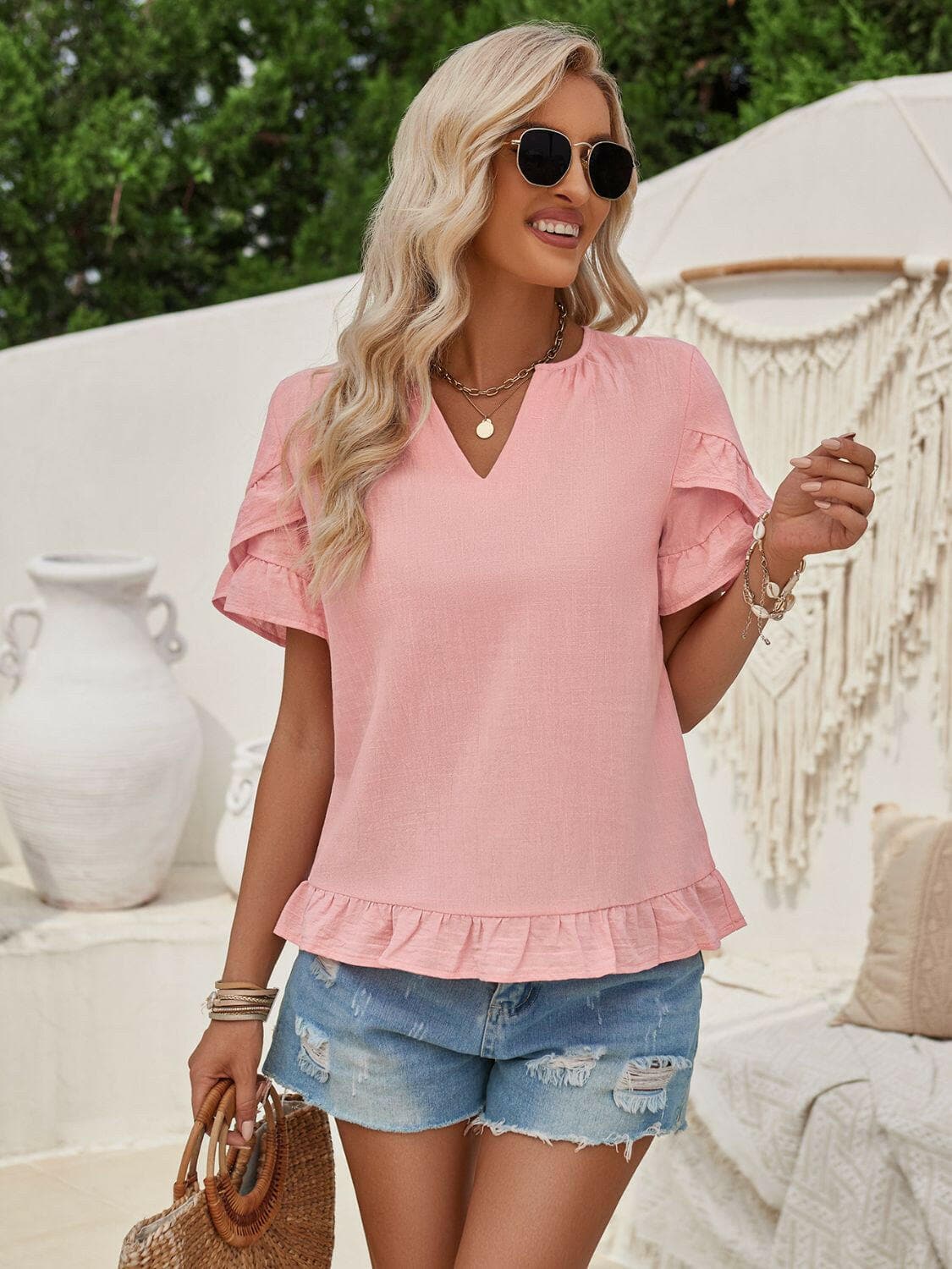 Ruffled Notched Petal Sleeve Blouse.