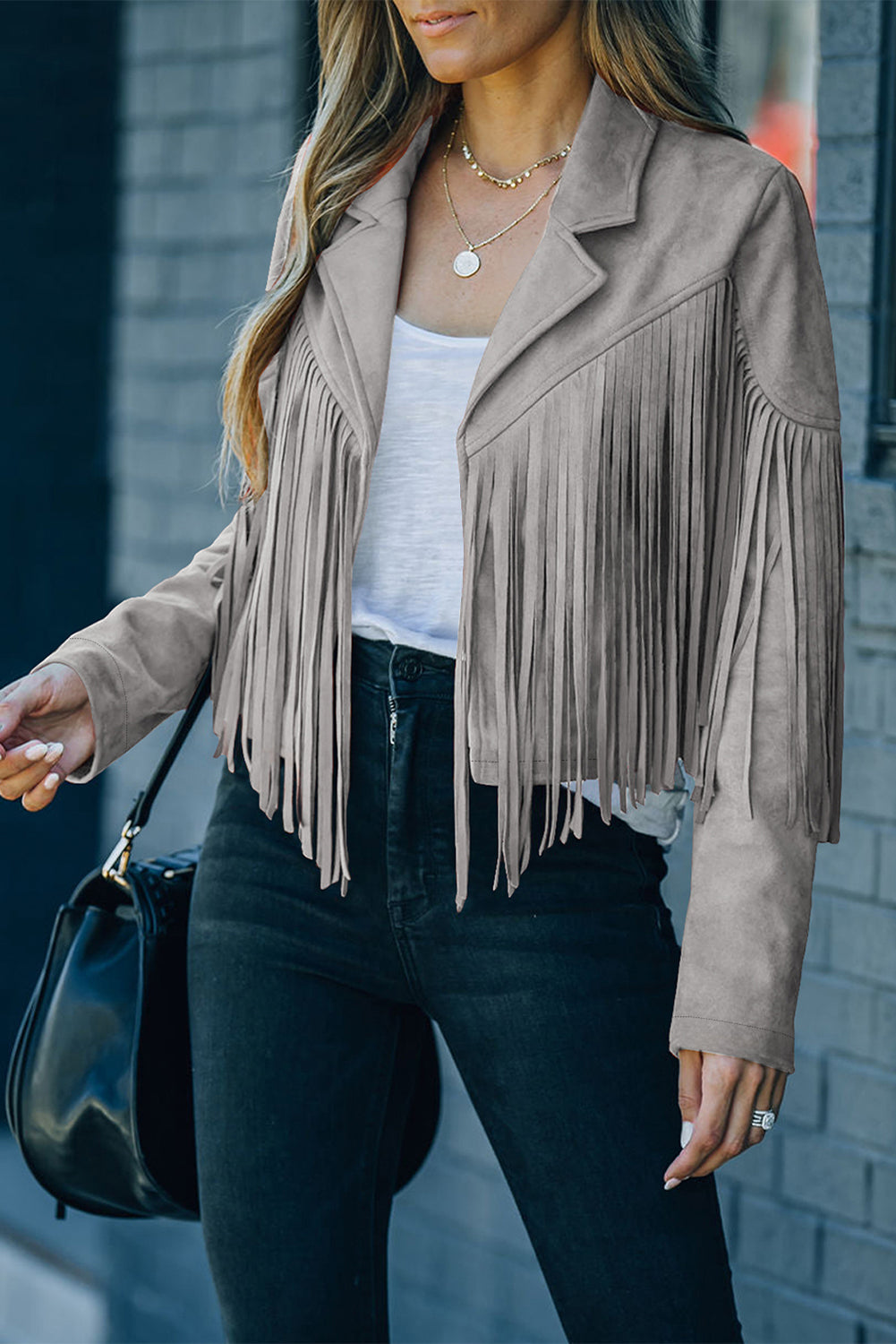 Gray Cropped Fringe Faux Suede Jacket For Women Lightweight Casual Dear-Lover Dropshipping