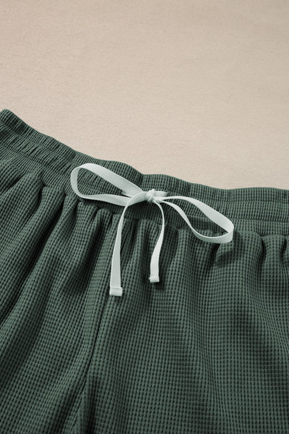 Mist green textured tank and drawstring shorts set with pocket detail