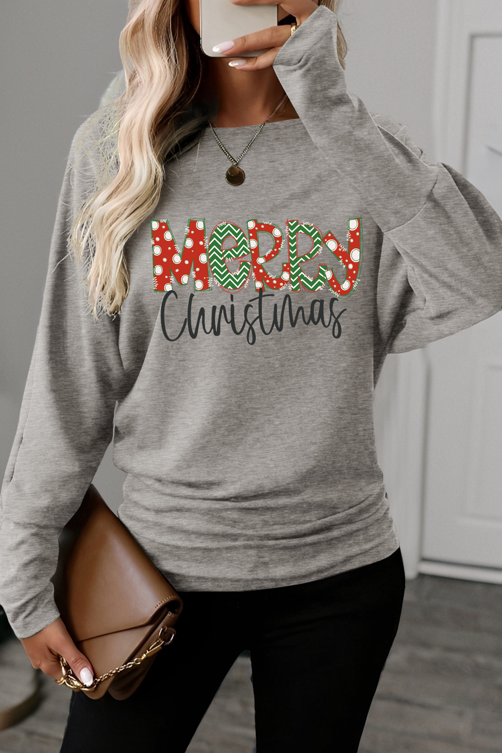 Light Grey Merry Christmas Graphic Dolman Long Sleeve Top With Extended Cuffs Dear-Lover Dropshipping