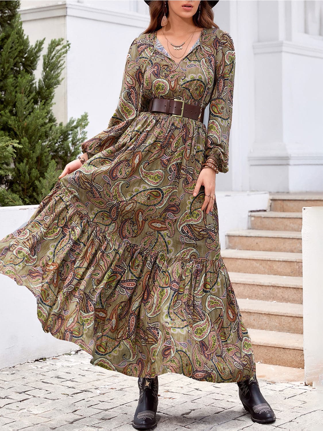 Printed Tie Neck Ruffle Hem Long Sleeve Dress.