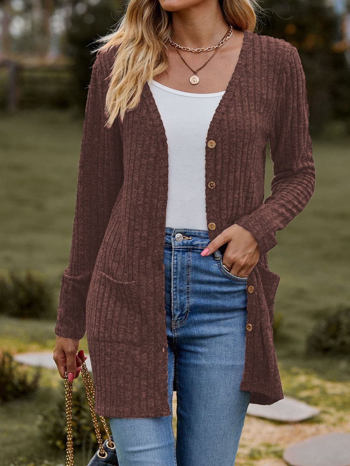 Ribbed Button Up Long Sleeve Cardigan.