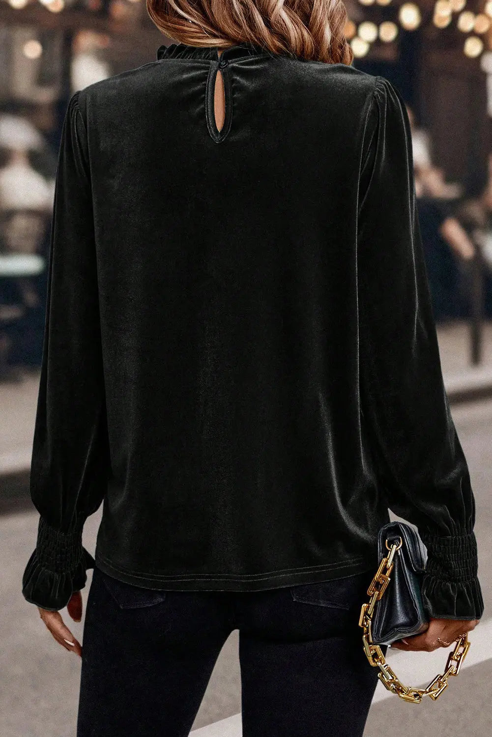 Black Velvet Blouse With Frilled Collar And Smocked Cuffs Puff Sleeves Dear-Lover Dropshipping