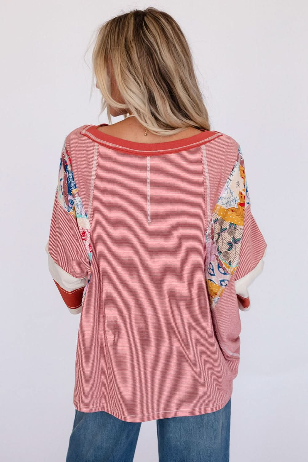 Floral Striped Patchwork Round Neck Blouse