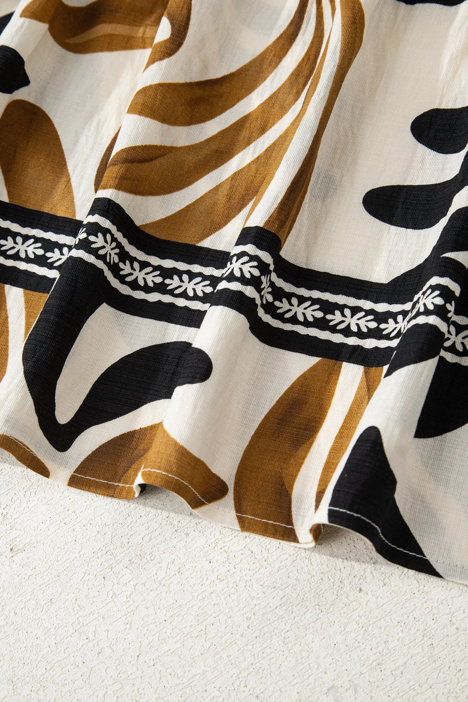 Brown Tropical Print Dress With Contrast Trim Neck Long Sleeve Ruffle Hem Dear-Lover Dropshipping