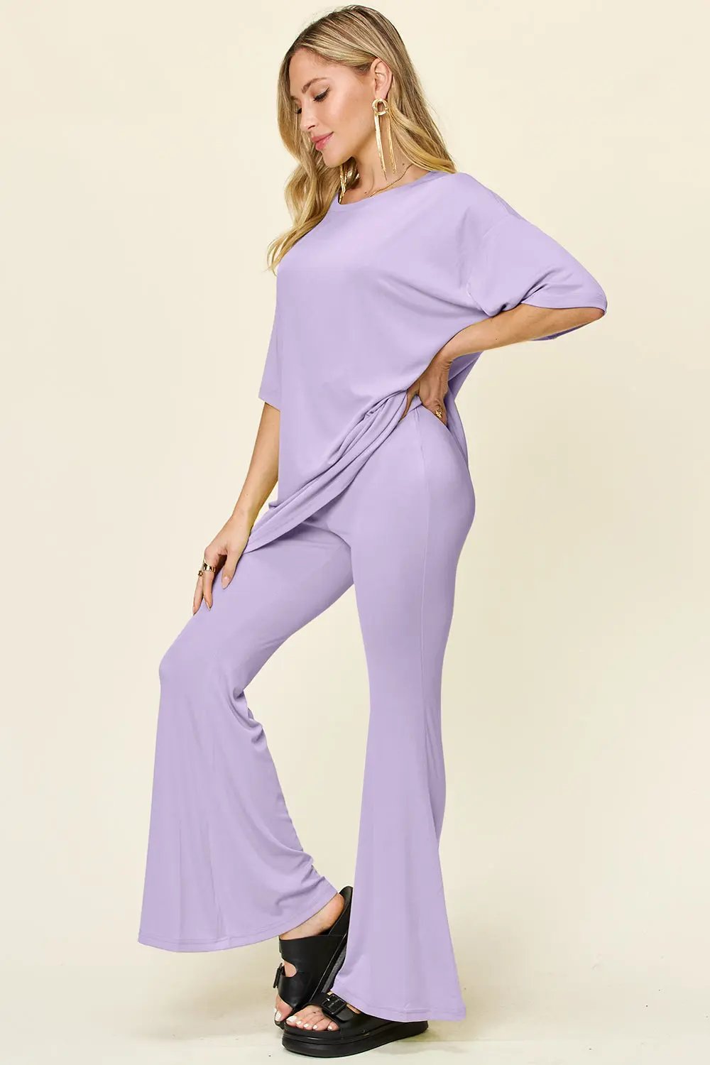 Double Take Full Size Round Neck Drop Shoulder T-Shirt and Flare Pants Set - Love Salve