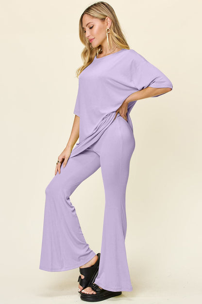 Double Take Full Size Round Neck Drop Shoulder T-Shirt and Flare Pants Set.