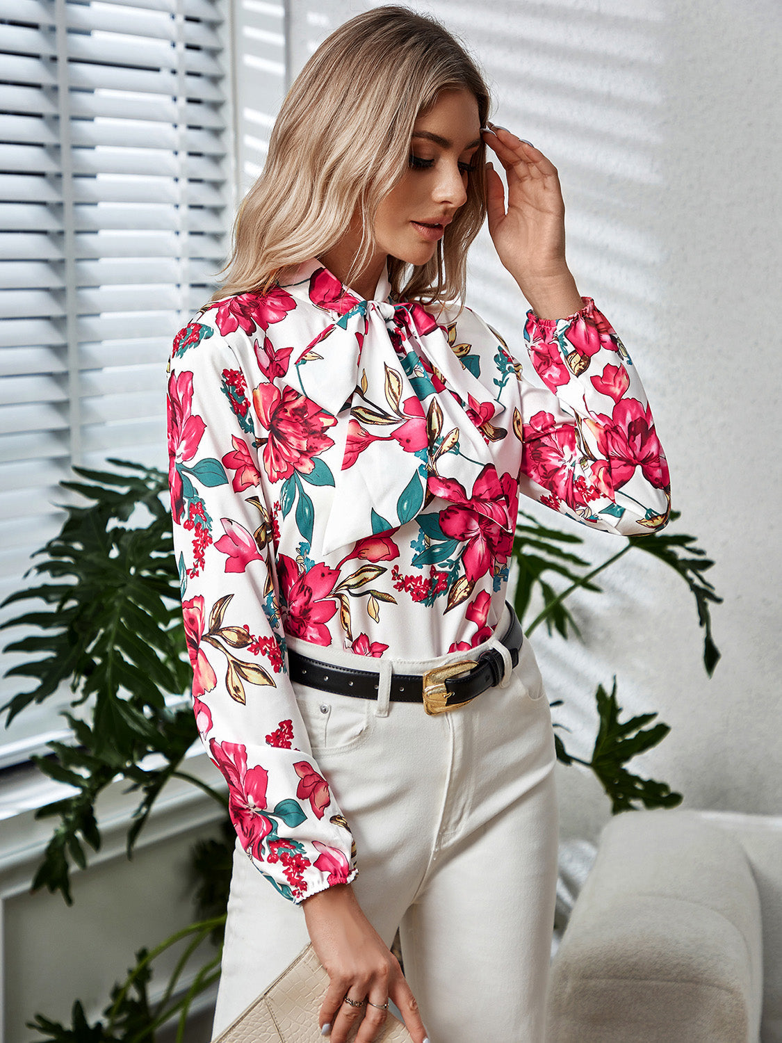 Bold Blooms Tie Neck Blouse Coco’s Tee Boutique
