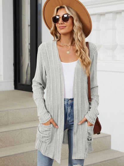 Pocketed Open Front Long Sleeve Cardigan.