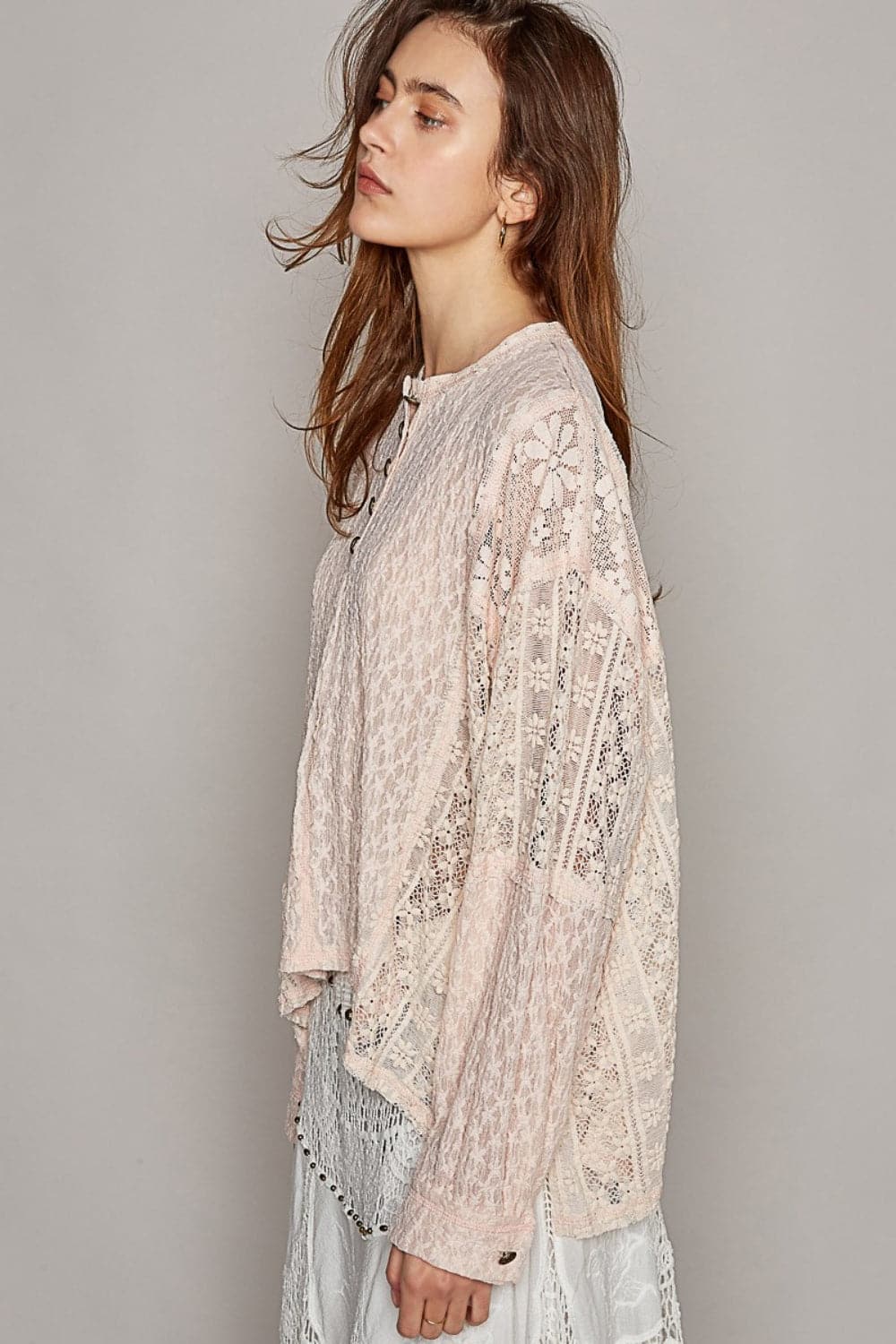 POL Round Neck Long Sleeve Raw Edge Lace Top.