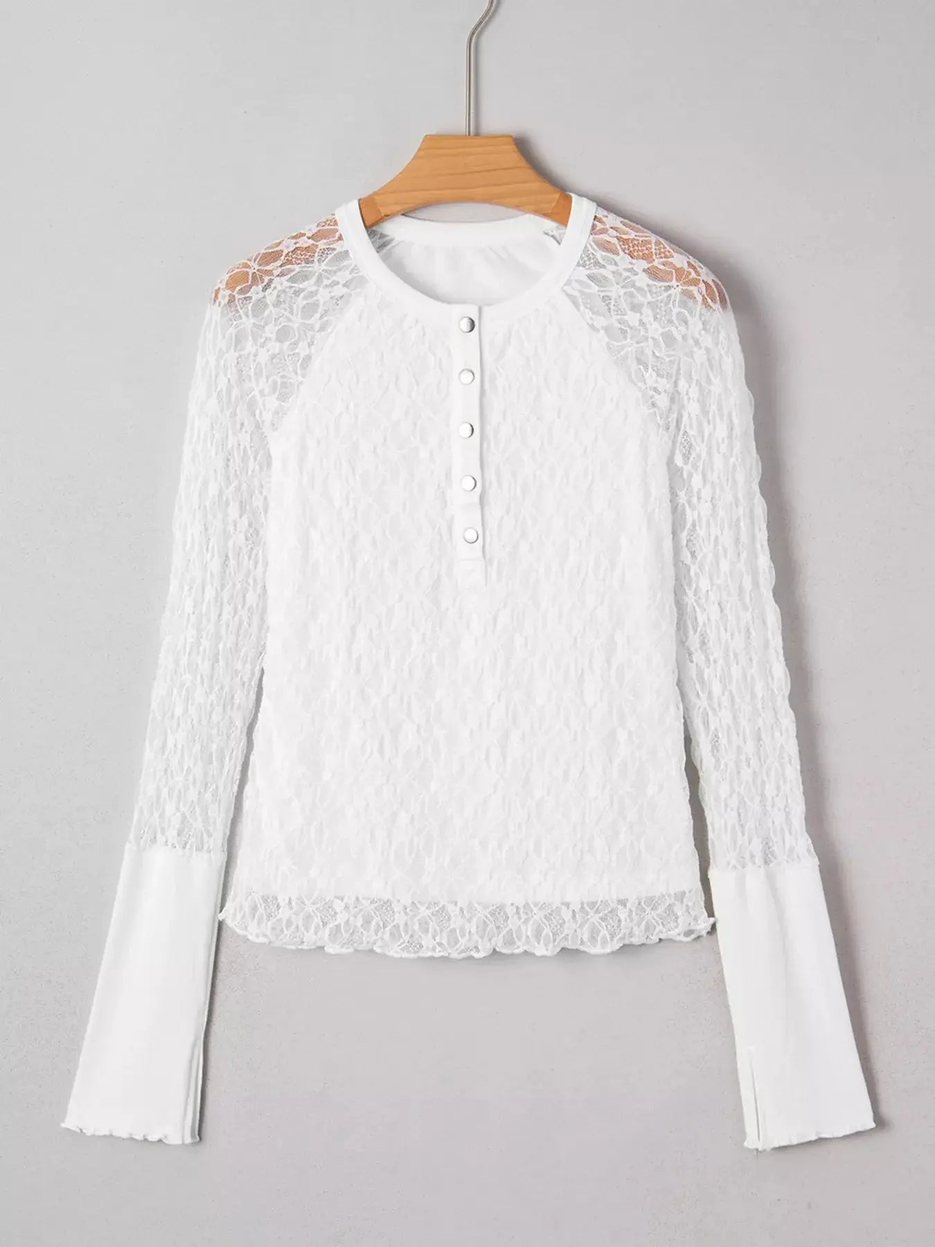 Sheer Lace Long Sleeve Slim Henley Top Simply Love