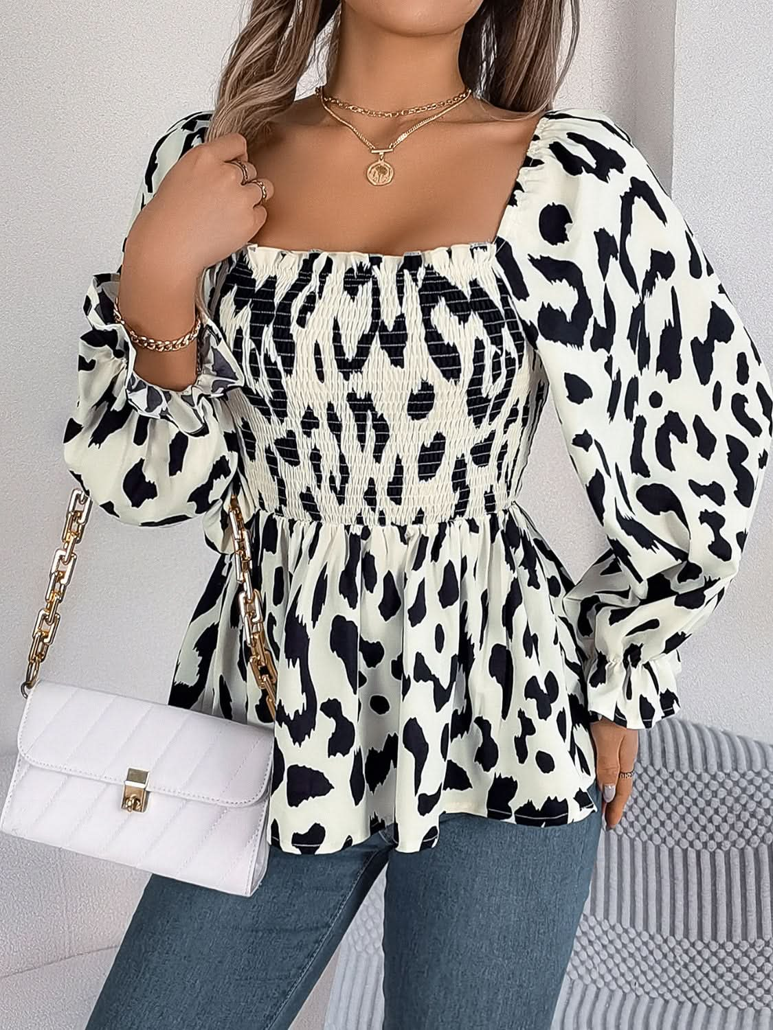 Ruffled square neck blouse with flounce sleeves