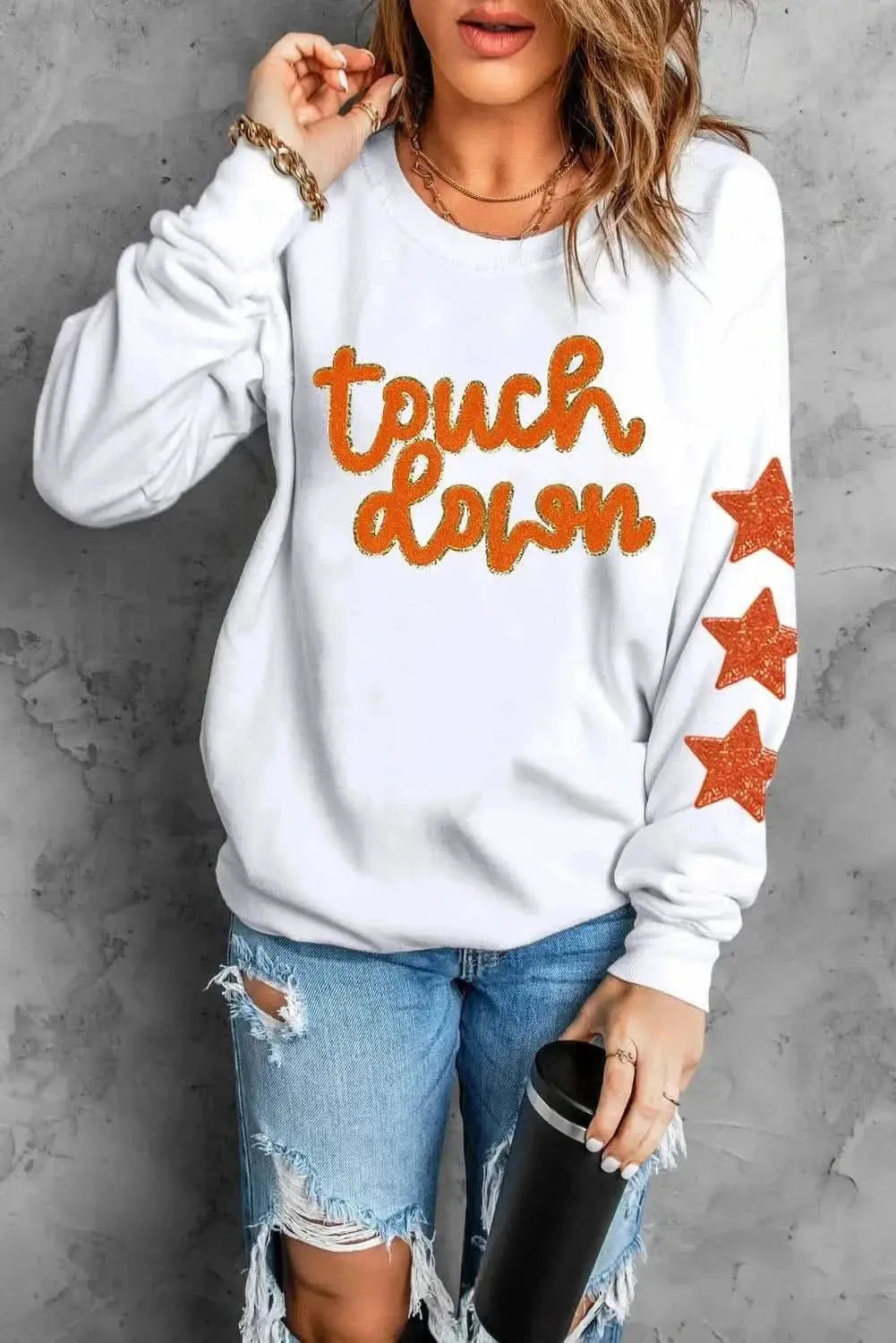 Letter & Star Round Neck Long Sleeve Sweatshirt - Love Salve 
