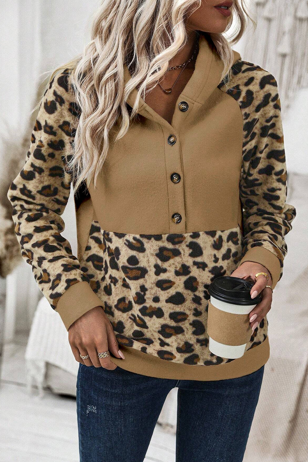 Light French beige leopard print patchwork hoodie with raglan sleeves and half buttons.